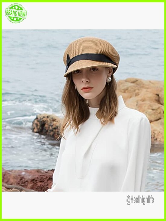 Straw Newsboy Cap with Bowknot, Beach Hat Visor, Lightweight Polyester